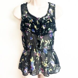 🆕 Express floral peplum sheer scoop neck cami tank top black purple small